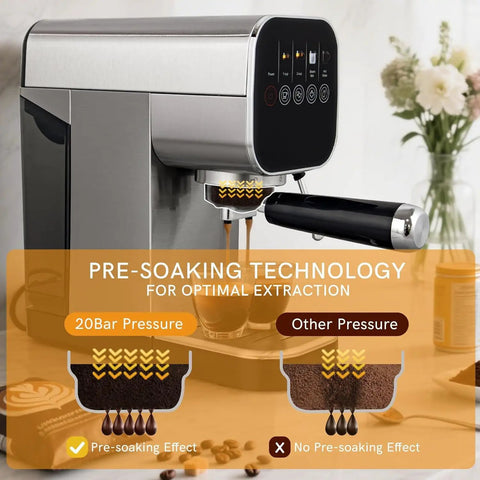 Compact Touchscreen Espresso Machine With Integrated Steam Milk Frother And Programmable Cup Sizing showcasing pre-soaking technology.