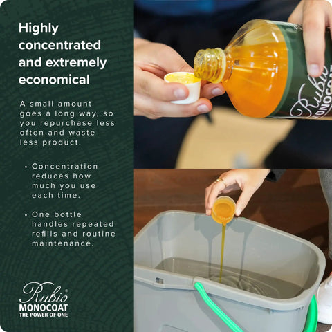 Pouring Wood Care Soap For Floors, Furniture, And Cabinets Non Caustic Concentrate 1 Liter into a cap, and into a bucket of water.