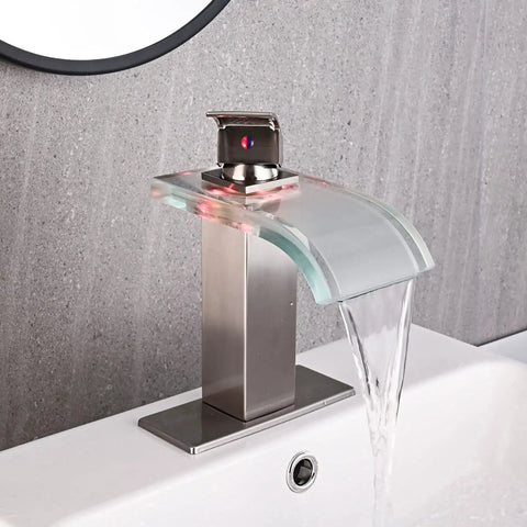 Dope LED Temperature Sensing Waterfall Vanity Faucet in Brushed Nickel with glass spout and color changing glow