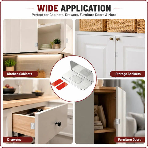 Ultra Thin Magnetic Cabinet Door Catch Set, 14 Pack Adhesive Drawer Latch in use on kitchen cabinets and furniture doors
