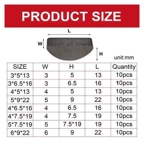 Heavy Duty 80 Pcs Carbon Steel Key Assortment Set Handles High Torque And Rust Proof Badass Build Stops Gear Slippage And Secure Shaft Hub Connections For Stable Power Transmission Perfect For Mechanics And DIYers Who Need Solid Tools In The Shop. size chart of carbon steel key assortment, mm dimensions and 10pcs per size