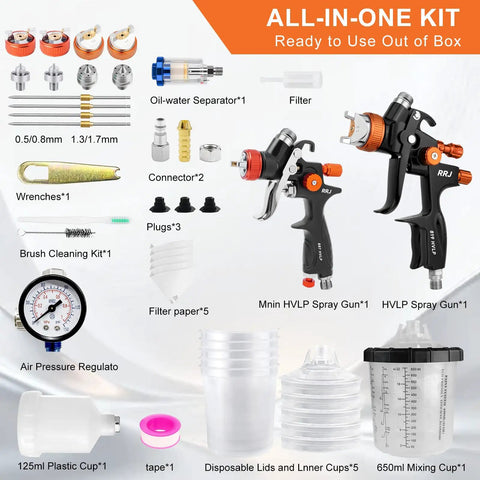 Premium Hvlp Air Spray Gun Kit Featuring Dual Precision Nozzles For Automotive Painting and various accessories displayed.