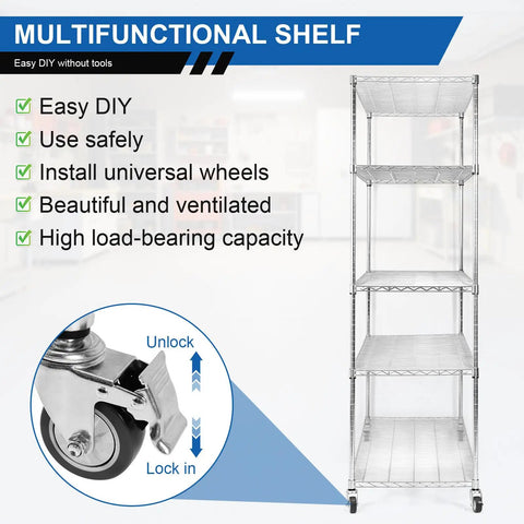Beefy 5 Tier Wire Shelving Unit with brake wheels and features list in a bright kitchen setting