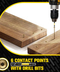 Yellow 14 By 4 Inch Structural Wood Screws being drilled into timber without pre-drilling, showing star drive Torx and T25 bit
