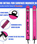 5ft Surface Marker Buoy Set For Scuba Diving With Inflatable Signal Tube And Reflective Strip Open Bottom Float Includes 100ft Dive Reel And Clip For Safer Snorkeling And Underwater Navigation Pro Grade Gear, showing pink buoy with 'Diver Below' text and D-rings