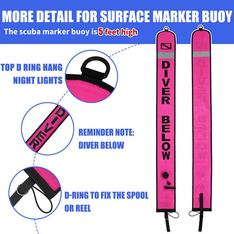 5ft Surface Marker Buoy Set For Scuba Diving With Inflatable Signal Tube And Reflective Strip Open Bottom Float Includes 100ft Dive Reel And Clip For Safer Snorkeling And Underwater Navigation Pro Grade Gear, showing pink buoy with 'Diver Below' text and D-rings