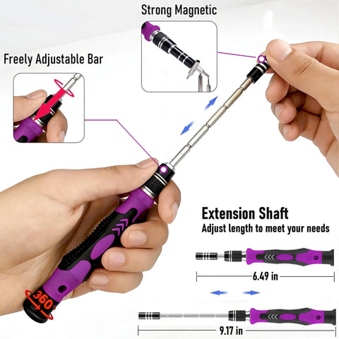Hands adjusting extension shaft on 115 In 1 Precision Screwdriver Set With Pro Grade Magnetic Bits Including Torx Triwing Phillips Pentalobe