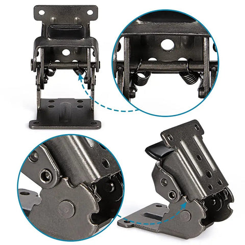 Kickass Pair Of Steel Folding Brackets With Dead Nuts Self Locking Design For Tables Workbenches And Sleeping Platforms Smooth Adjusts From Zero To One Eighty Degrees Drop In Upgrade, detailed view of spring latch mechanism.