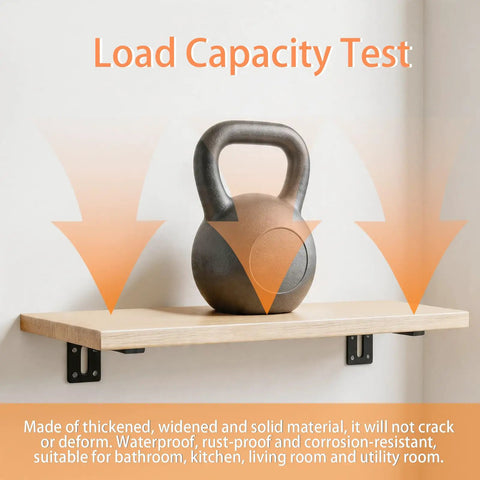 Beefy Heavy Duty L Shaped Shelf Brackets Set Of 6 In Black Alloy Thickened 0.11 Inch Arms load test with kettlebell on shelf