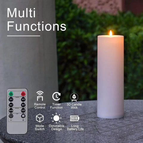 Outdoor Flameless LED Pillar Candles Set Of 2 12 Inch By 4 Inch Battery Operated With Remote Timed Flicker Waterproof