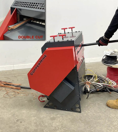Automatic Industrial Wire Stripping Machine With 3HP Motor stripping copper wire, double-cut feature visible.