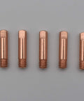 Front view of 5 copper tips, 0.035 inch, 0.9mm, M6 thread for MB-15AK MIG/MAG torch. 20 Pcs Copper Contact Tips 0.035 Inch 0.9mm M6 Thread For MB-15AK MIG/MAG Welding Torch Replacement Set Must Have Pro Grade Copper Tips For Smooth Arc And Heavy Duty Shop Use.