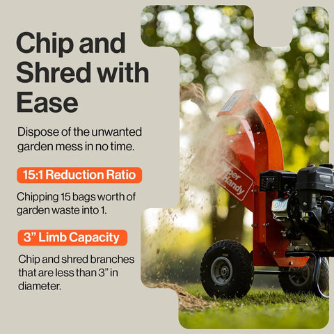 7 HP Mini Wood Chipper Shredder Mulcher For Yard Cleanup in action, chipping branches with 3 inch capacity; side view perspective.