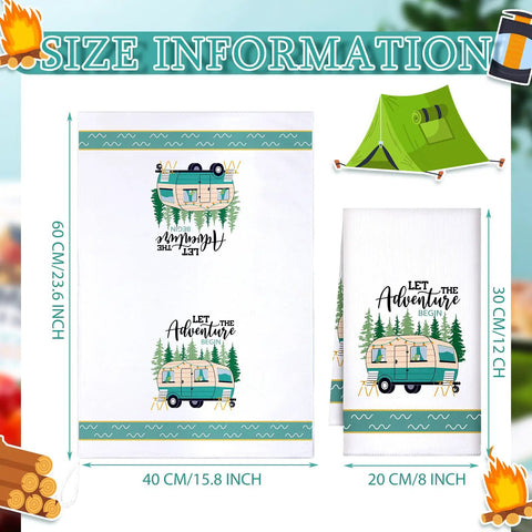 Set Of 6 Camping Kitchen Towels, 24 X 16 Inches, White Absorbent Dishcloths With Funny Sayings, Bonfire Tent Car Theme, RV Camper
