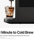 Smart Automatic Espresso Maker With Built In Burr Grinder And Dual Milk Frother One Tap Super Coffee Brewer pouring cold brew over ice.