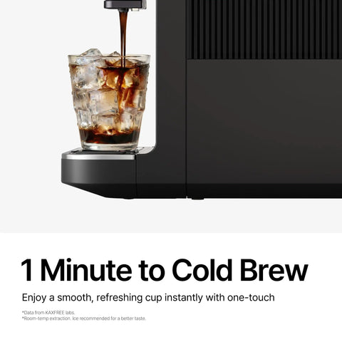 Smart Automatic Espresso Maker With Built In Burr Grinder And Dual Milk Frother One Tap Super Coffee Brewer pouring cold brew over ice.