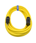 Yellow Workhorse 150 Ft Outdoor Extension Cord 12 Gauge 3 Conductor SJTW coiled with plug and socket ends shown