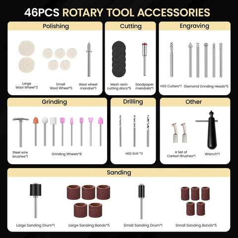 46-piece accessory kit for Beast 1200W Flex Shaft Rotary Tool With 30000 RPM Variable Speed, offering tools for polishing, cutting, engraving.