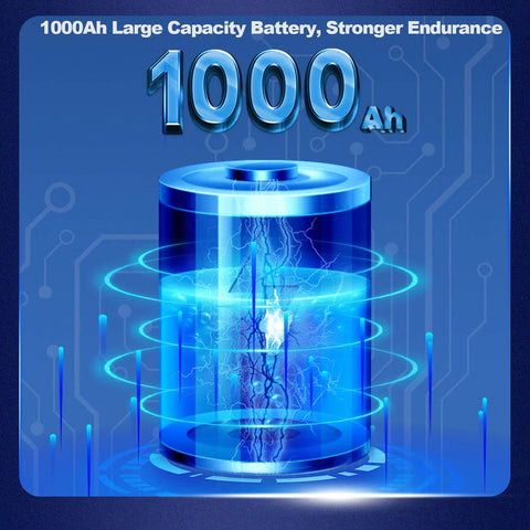 Illustration of a 1000Ah large capacity battery with electric arcs and blue digital effects, symbolizing strong endurance.