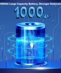 Illustration of a 1000Ah large capacity battery with glowing blue energy rings, signifying strong endurance and longevity.
