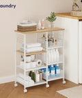 Slick 4 Tier Rolling Kitchen Island Cart With Dreamy White Wood Top And Slatted Metal Storage Shelves Hella Spacious Coffee Bar Cabinet For Dining Room Pantry Office Featuring Smooth Locking Casters And Sturdy Side Hooks with towels and cleaning products.