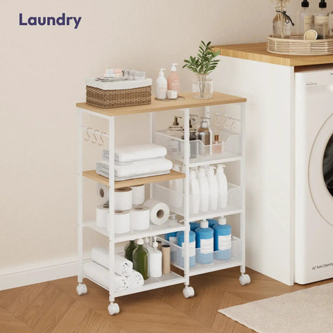 Slick 4 Tier Rolling Kitchen Island Cart With Dreamy White Wood Top And Slatted Metal Storage Shelves Hella Spacious Coffee Bar Cabinet For Dining Room Pantry Office Featuring Smooth Locking Casters And Sturdy Side Hooks with towels and cleaning products.