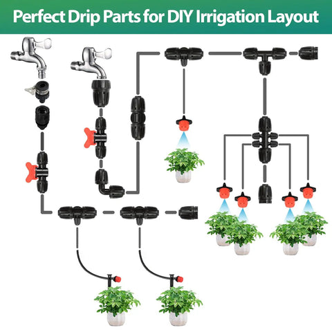 Diagram showcasing 14 Pack One Half Inch Drip Tubing Elbow Fittings With Barbed Lock Nuts For Garden Irrigation Systems layout.