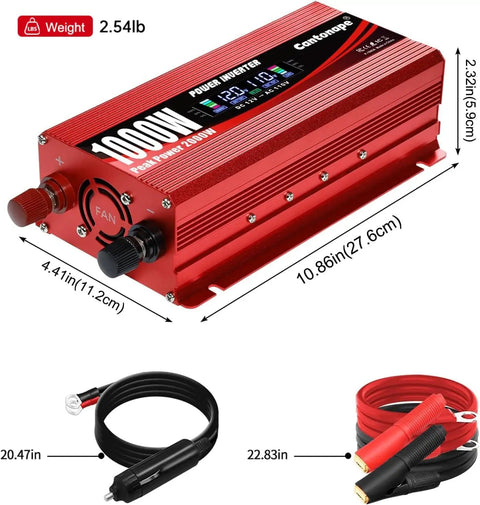 1000W Car Power Inverter With LCD Display 12V DC To 110V And 120V AC, shown with cables and dimensions