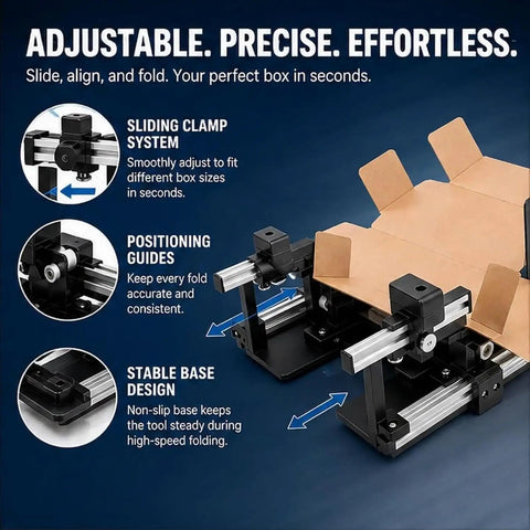 Hassle Free Shipping Box Folder That Creases Cardboard Flaps Rapidly Adjustable Manual Pressing Tool For Standard Cartons with sliding clamp system.