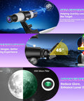 Beginner Friendly 90mm Refractor Telescope For Adults With 700mm Focal Length features 5x24 finderscope, 45° zenith mirror, moon filter.