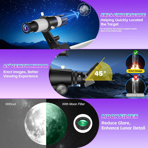 Beginner Friendly 90mm Refractor Telescope For Adults With 700mm Focal Length features 5x24 finderscope, 45° zenith mirror, moon filter.
