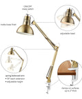 Matte brass finish clamp-on swing arm desk lamp with adjustable head and 30" reach extension, features on/off rotary switch.