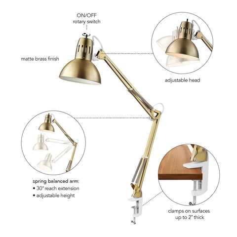 Matte brass finish clamp-on swing arm desk lamp with adjustable head and 30" reach extension, features on/off rotary switch.