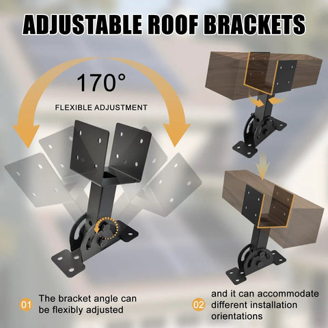 Diagram showing Beefy Heavy Duty Roof Riser Brackets Kit Three Piece adjustable angle pergola brackets installed at 170 degrees