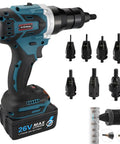 Heavy Duty Cordless Rivet Gun With Battery Brushless Electric Rivet Nut Kit For M3 To M12 Fasteners showing tool and driver tips.