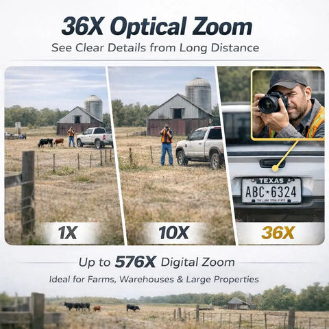 Image showing 36X Optical Zoom comparison, ideal for monitoring details at long distances for outdoor security needs.