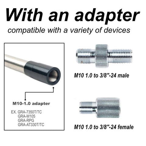 M10x1.0 Male to 3/8-24 Female Adapter for Antennas with nickel plated connectors for GRA AT330T TC shown in detail