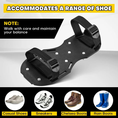 Lawn Aerator Shoes With 1.1 Inch Spikes Adjustable Straps Universal Fit for Yard shown with various footwear compatibility