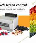 Stainless Steel Food Dehydrator Electric Snack Dryer Machine For Fruit Vegetable Herb Meat Jerky Maker with touch screen controls.