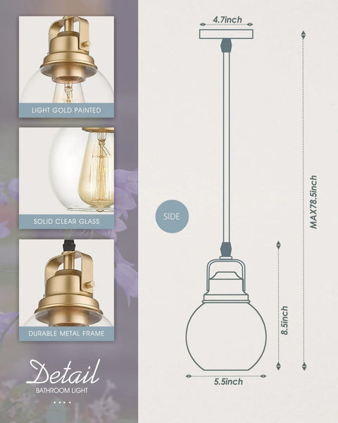 Gold Pendant Light For Kitchen Island With Clear Glass Globe 5 Inch Hanging Light Fixture Modern Bluebell Inspired Design Durable Metal With Warm Gold Finish Perfect For Dining Table Bar And Kitchen Countertops Vibe