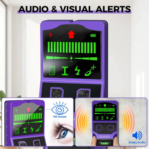 Close-up of SUNMAY 7-in-1 Stud Finder Wall Scanner with Laser Level showing audio and visual alerts on its HD screen.