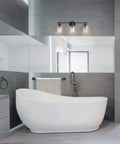 All In One 5 Piece Bathroom Set With 3 Light Vanity Fixture Matte Black Finish Clear Glass Shades in a modern bathroom