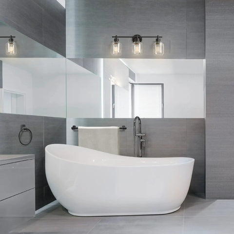 All In One 5 Piece Bathroom Set With 3 Light Vanity Fixture Matte Black Finish Clear Glass Shades in a modern bathroom