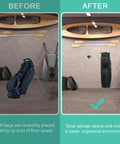Wall Mounted Golf Bag Rack For Two Bags Space Saving Garage Organizer with heavy duty welded joints before and after use