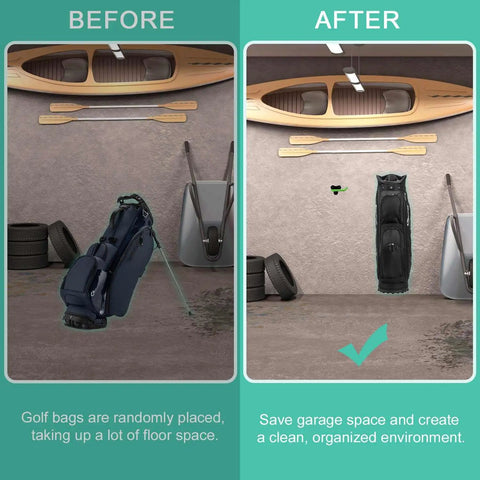 Wall Mounted Golf Bag Rack For Two Bags Space Saving Garage Organizer with heavy duty welded joints before and after use
