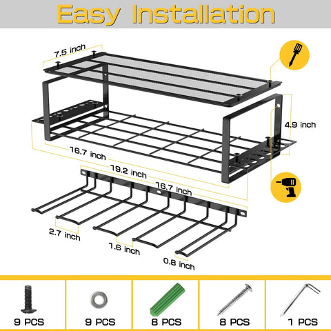 Dimensions of Heavy Duty Wall Mounted Power Tool Organizer 3 Tier Storage Rack For Cordless Drill Tools Strong Wire Mesh Top And Iron Support Space Saving Vertical Organizer Perfect Gift For Dad 2 Pack