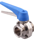Side view of Blue Trigger 1.5 Inch Tri Clamp Butterfly Valve Made From 304 Stainless Steel Clover Body, 13 Position Handle, 15F To 200F.