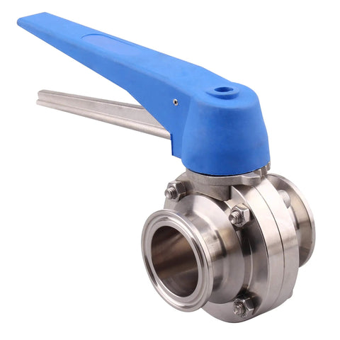 Side view of Blue Trigger 1.5 Inch Tri Clamp Butterfly Valve Made From 304 Stainless Steel Clover Body, 13 Position Handle, 15F To 200F.