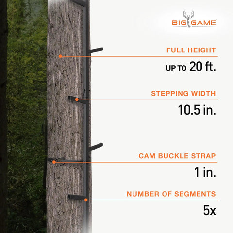 20 Foot Quick Stick Climbing Sticks Tree Stand Hunting Gear System for Mobile Deer Hunters Fast And Easy Portable Setup Durable Steel Construction info graphic