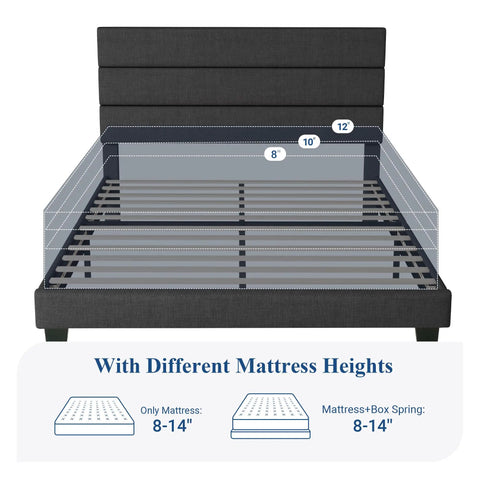 Queen Platform Bed Frame Built From Heavy Duty Metal And Solid Wood features a padded upholstered headboard with adjustable mattress heights.